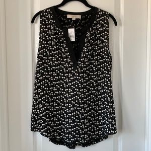 NWT LOFT Cherry Print Split Neck Mixed Material Sleeveless Blouse Size Small